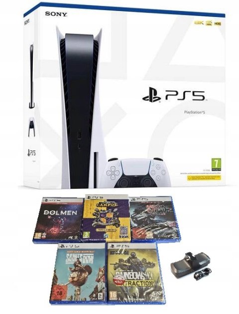 KONSOLA SONY PLAYSTATION 5 Z NAPĘDEM + PAD + ŁADOWARKA + 5 GIER KONSOLA SONY PLAYSTATION 5 Z NAPĘDEM + PAD + ŁADOWARKA + 5 GIER