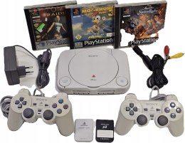 KONSOLA SONY PSX PLAYSTATION ONE + 2x DUALSHOCK + 2x KARTA PAMIĘCI + 3 GRY