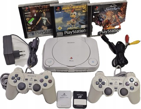 KONSOLA SONY PSX PLAYSTATION ONE + 2x DUALSHOCK + 2x KARTA PAMIĘCI + 3 GRY